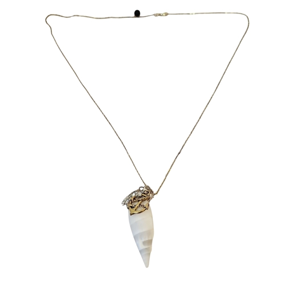 Spiral Seashell Pendant Necklace Clear Crystals Gold Chain 15"